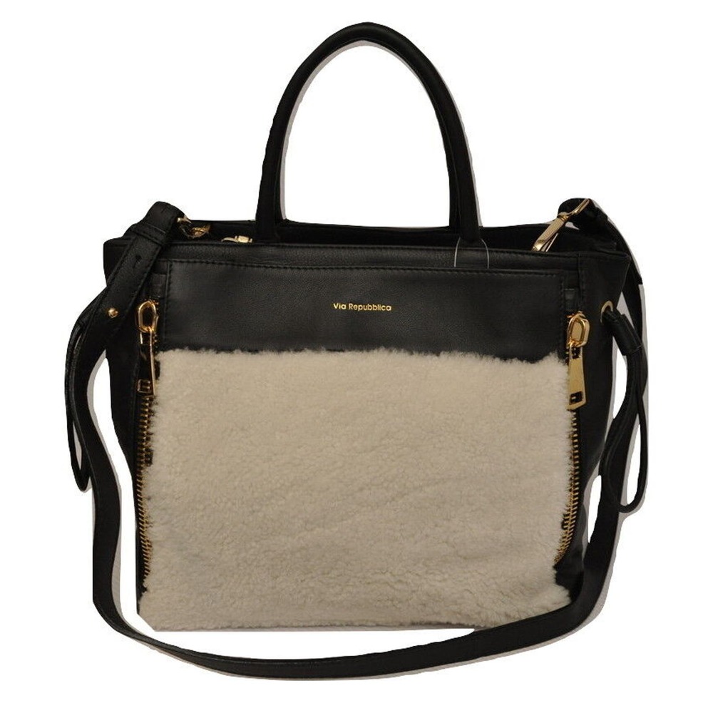 Via Repubblica Italy Genuine Shearling / Leather Handbag Cream/Black Nwt $698